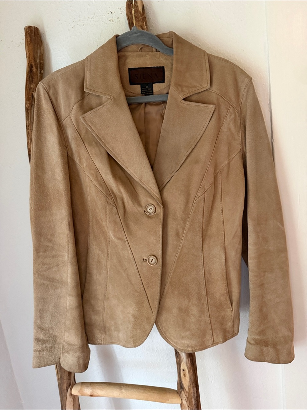 Siena Studio Vintage Sand Tan Camel Suede Leather Two-Button Blazer Size 12